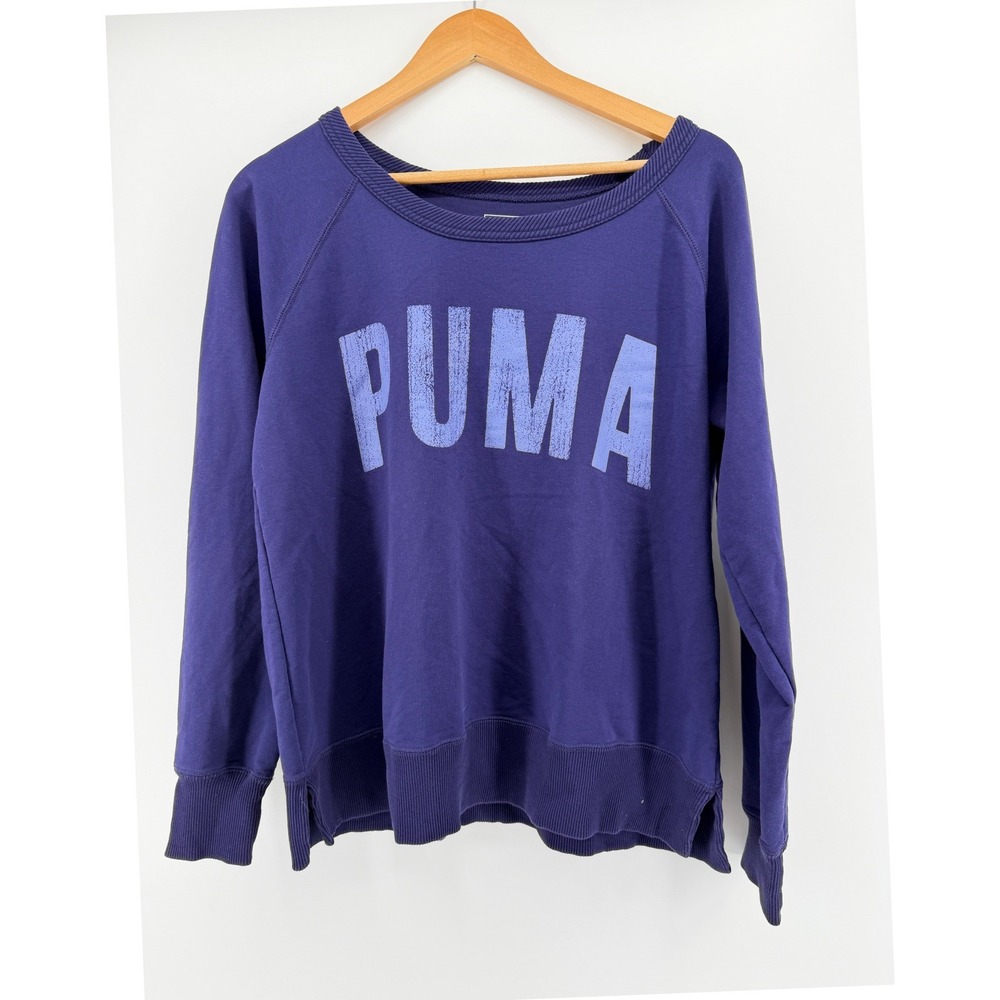 Large Wide Collat Puma Womens Sweatshirt Purple XL Pullover Distressed Raglan